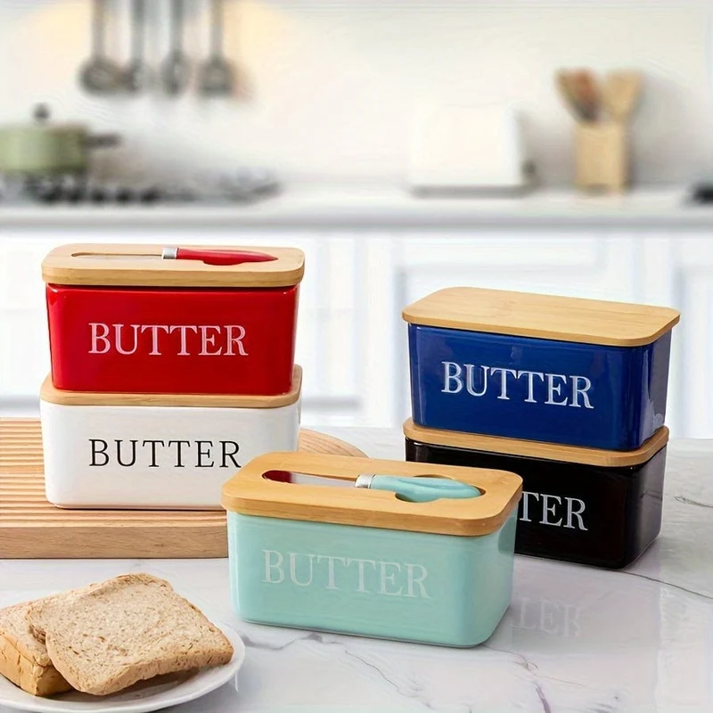 1 Set Butterdose aus Keramik mit Bambusdeckel und Messer, großer Butterbehälter für die Theke, luftdichter Butterhalter mit Deckel für die Küche