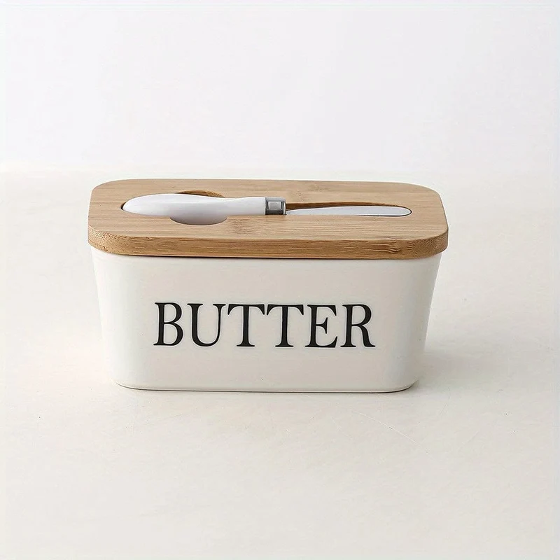 1 Set Butterdose aus Keramik mit Bambusdeckel und Messer, großer Butterbehälter für die Theke, luftdichter Butterhalter mit Deckel für die Küche