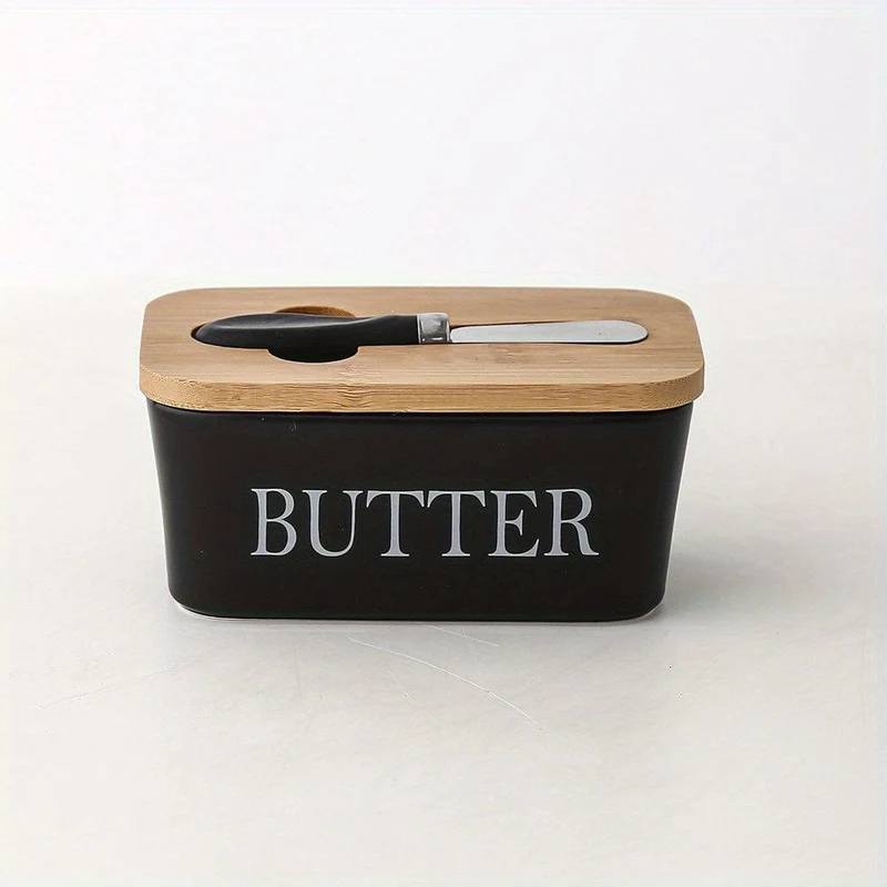 1 Set Butterdose aus Keramik mit Bambusdeckel und Messer, großer Butterbehälter für die Theke, luftdichter Butterhalter mit Deckel für die Küche