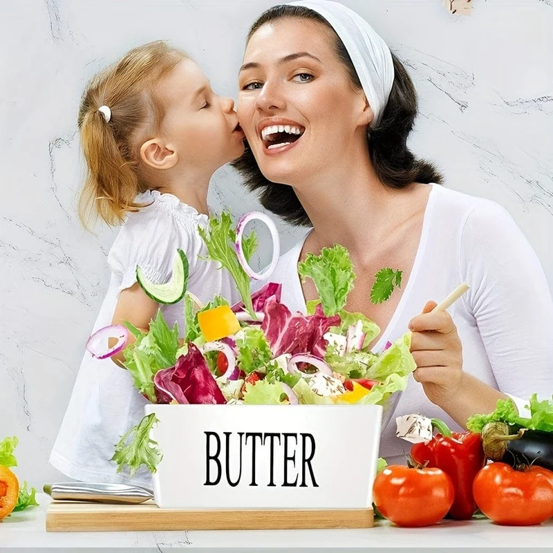 1 Set Butterdose aus Keramik mit Bambusdeckel und Messer, großer Butterbehälter für die Theke, luftdichter Butterhalter mit Deckel für die Küche