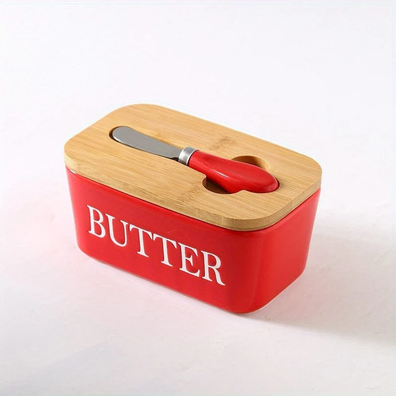 1 Set Butterdose aus Keramik mit Bambusdeckel und Messer, großer Butterbehälter für die Theke, luftdichter Butterhalter mit Deckel für die Küche