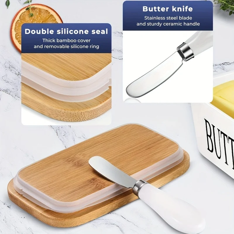 1 Set Butterdose aus Keramik mit Bambusdeckel und Messer, großer Butterbehälter für die Theke, luftdichter Butterhalter mit Deckel für die Küche
