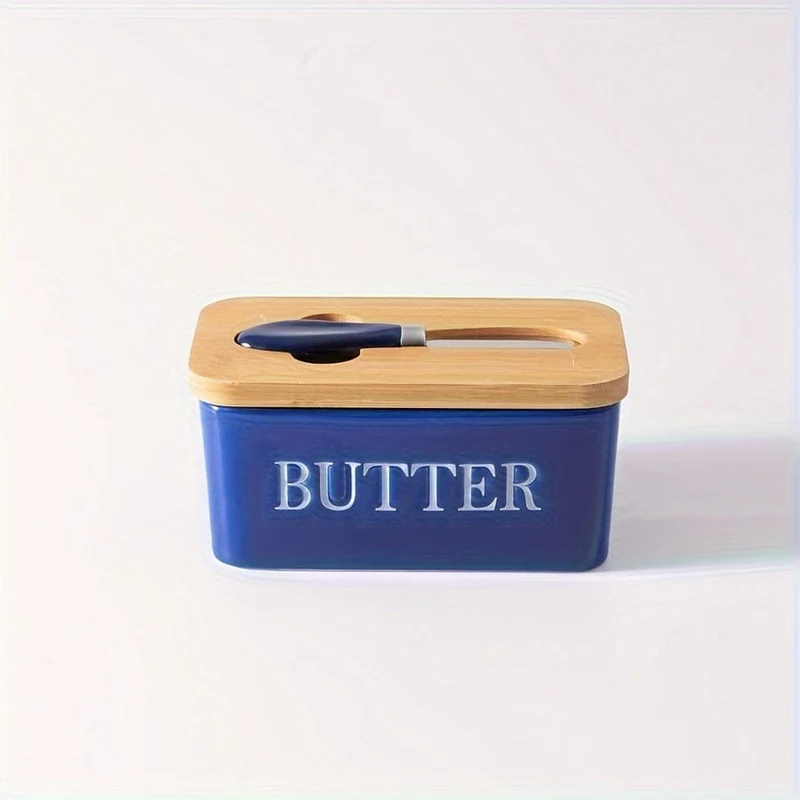 1 Set Butterdose aus Keramik mit Bambusdeckel und Messer, großer Butterbehälter für die Theke, luftdichter Butterhalter mit Deckel für die Küche