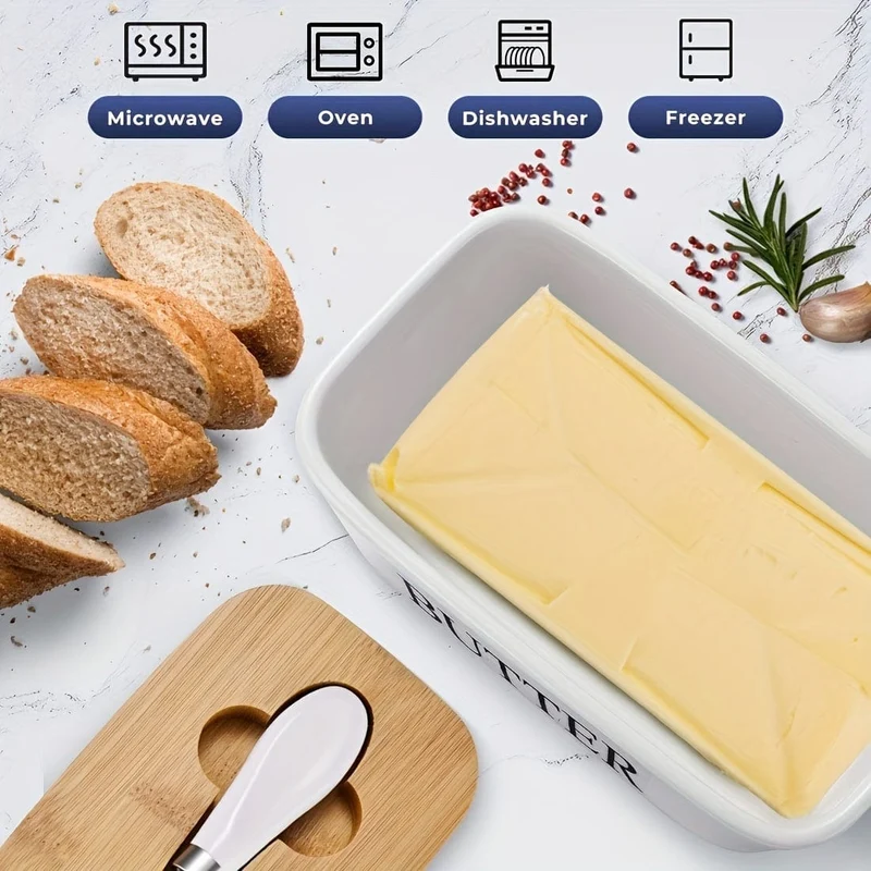 1 Set Butterdose aus Keramik mit Bambusdeckel und Messer, großer Butterbehälter für die Theke, luftdichter Butterhalter mit Deckel für die Küche