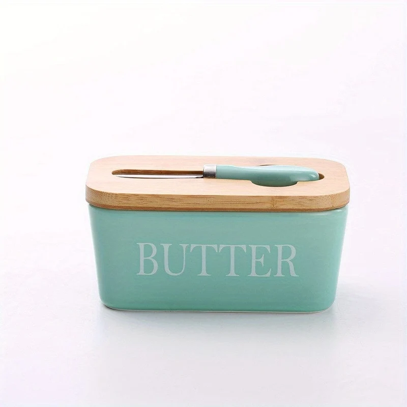 1 Set Butterdose aus Keramik mit Bambusdeckel und Messer, großer Butterbehälter für die Theke, luftdichter Butterhalter mit Deckel für die Küche