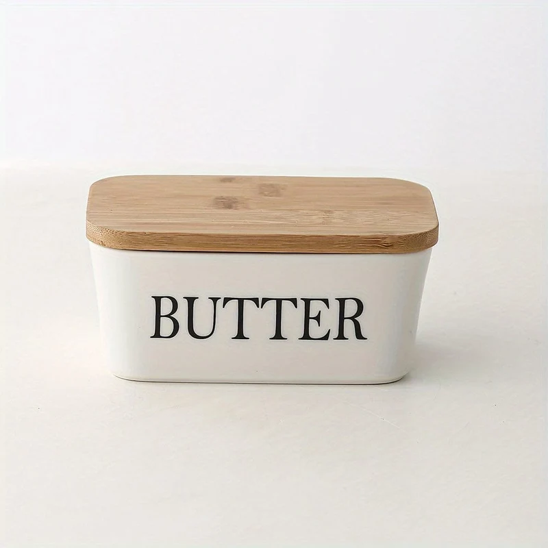 1 Set Butterdose aus Keramik mit Bambusdeckel und Messer, großer Butterbehälter für die Theke, luftdichter Butterhalter mit Deckel für die Küche