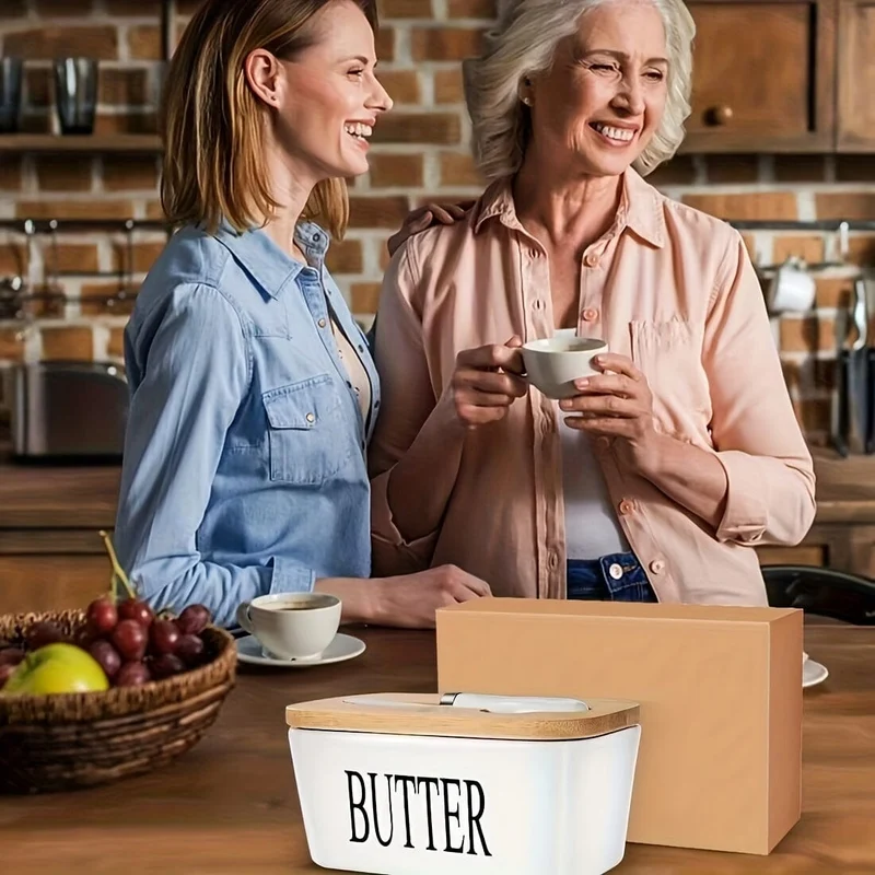 1 Set Butterdose aus Keramik mit Bambusdeckel und Messer, großer Butterbehälter für die Theke, luftdichter Butterhalter mit Deckel für die Küche