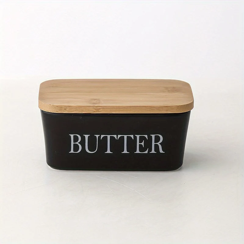 1 Set Butterdose aus Keramik mit Bambusdeckel und Messer, großer Butterbehälter für die Theke, luftdichter Butterhalter mit Deckel für die Küche
