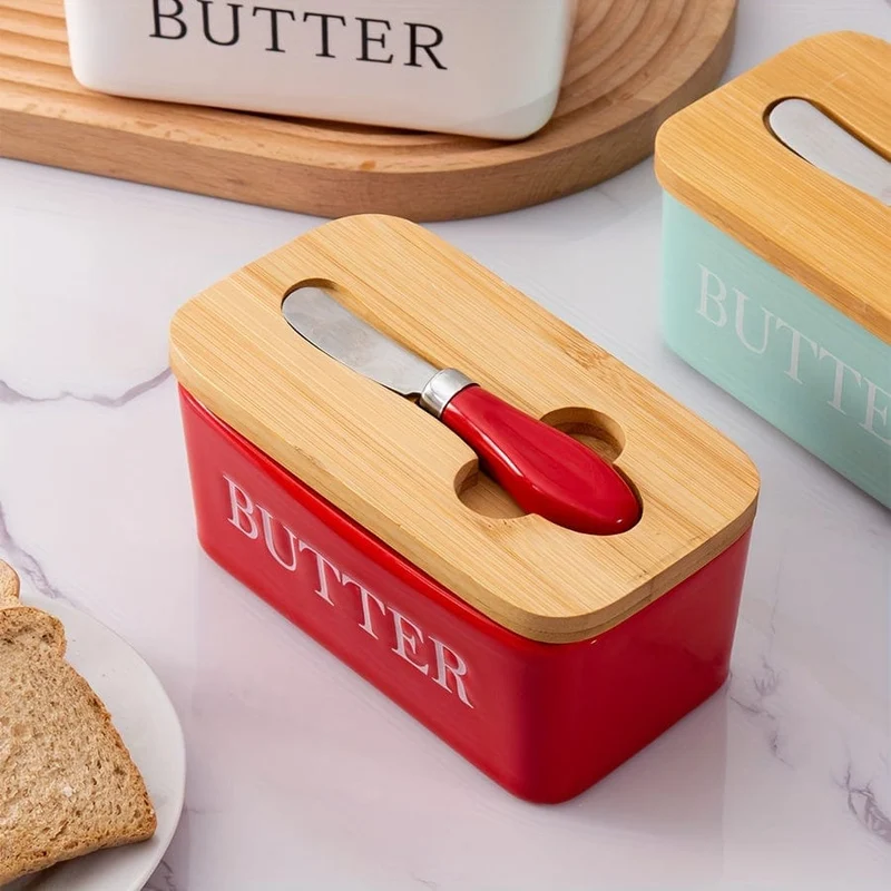1 Set Butterdose aus Keramik mit Bambusdeckel und Messer, großer Butterbehälter für die Theke, luftdichter Butterhalter mit Deckel für die Küche