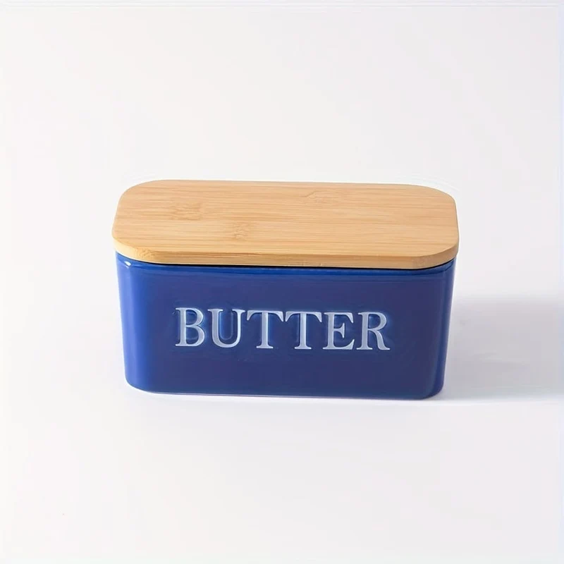 1 Set Butterdose aus Keramik mit Bambusdeckel und Messer, großer Butterbehälter für die Theke, luftdichter Butterhalter mit Deckel für die Küche