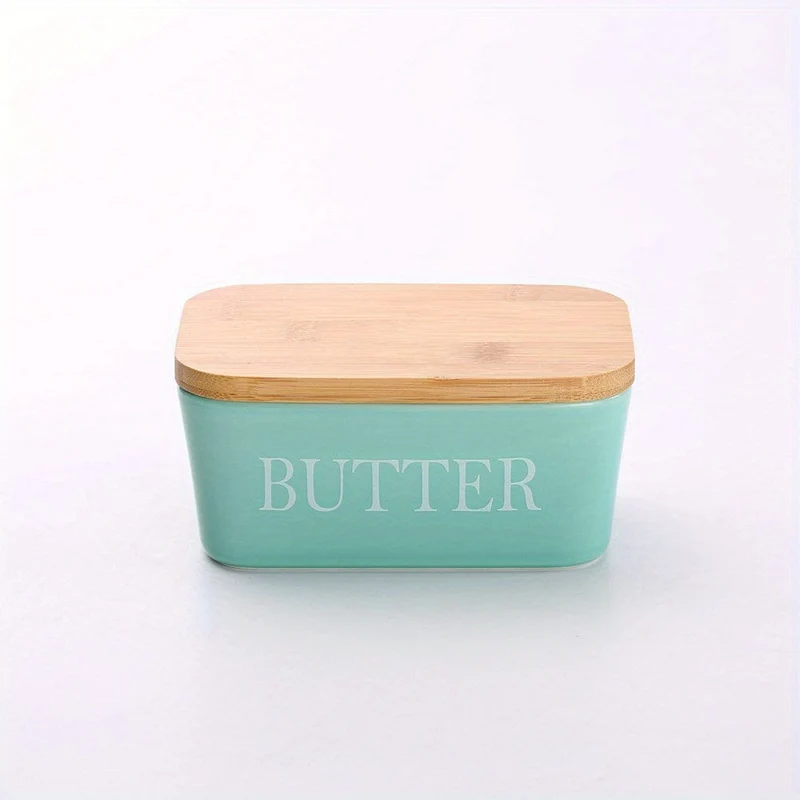 1 Set Butterdose aus Keramik mit Bambusdeckel und Messer, großer Butterbehälter für die Theke, luftdichter Butterhalter mit Deckel für die Küche