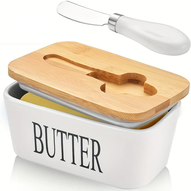 1 Set Butterdose aus Keramik mit Bambusdeckel und Messer, großer Butterbehälter für die Theke, luftdichter Butterhalter mit Deckel für die Küche