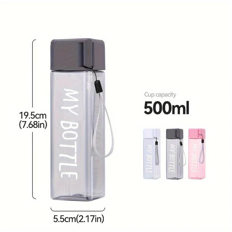 1 Stück, 17oz/500ml minimalistischer quadratischer Plastikwasserbecher, auslaufsicher, mit Hebeseil und Deckel, tragbare Sportwasserflasche, geeignet für Outdoor-Fitness, Sport und Reisen