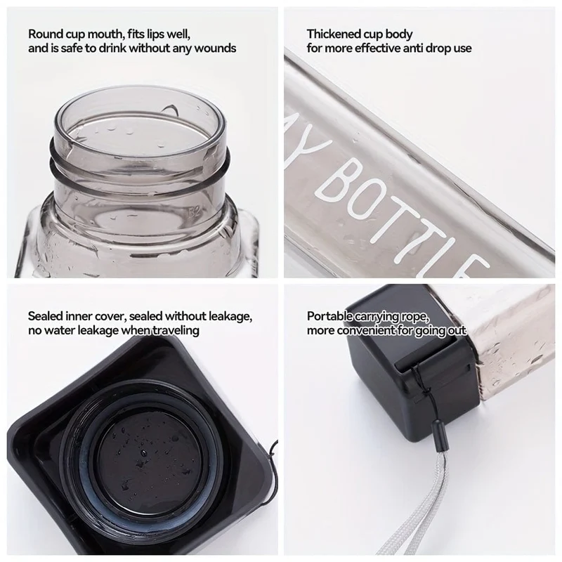 1 Stück, 17oz/500ml minimalistischer quadratischer Plastikwasserbecher, auslaufsicher, mit Hebeseil und Deckel, tragbare Sportwasserflasche, geeignet für Outdoor-Fitness, Sport und Reisen