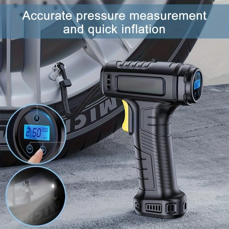 120 W tragbarer Auto-Luftkompressor, Auto-Luftpumpe, pumpen Sie Ihre Reifen ganz einfach auf, kabellose und kabelgebundene Fahrzeug-Handpumpe mit LED-Licht