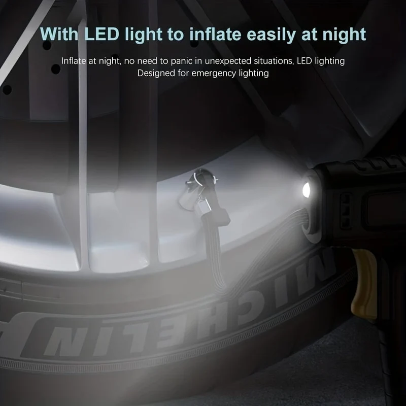 120 W tragbarer Auto-Luftkompressor, Auto-Luftpumpe, pumpen Sie Ihre Reifen ganz einfach auf, kabellose und kabelgebundene Fahrzeug-Handpumpe mit LED-Licht