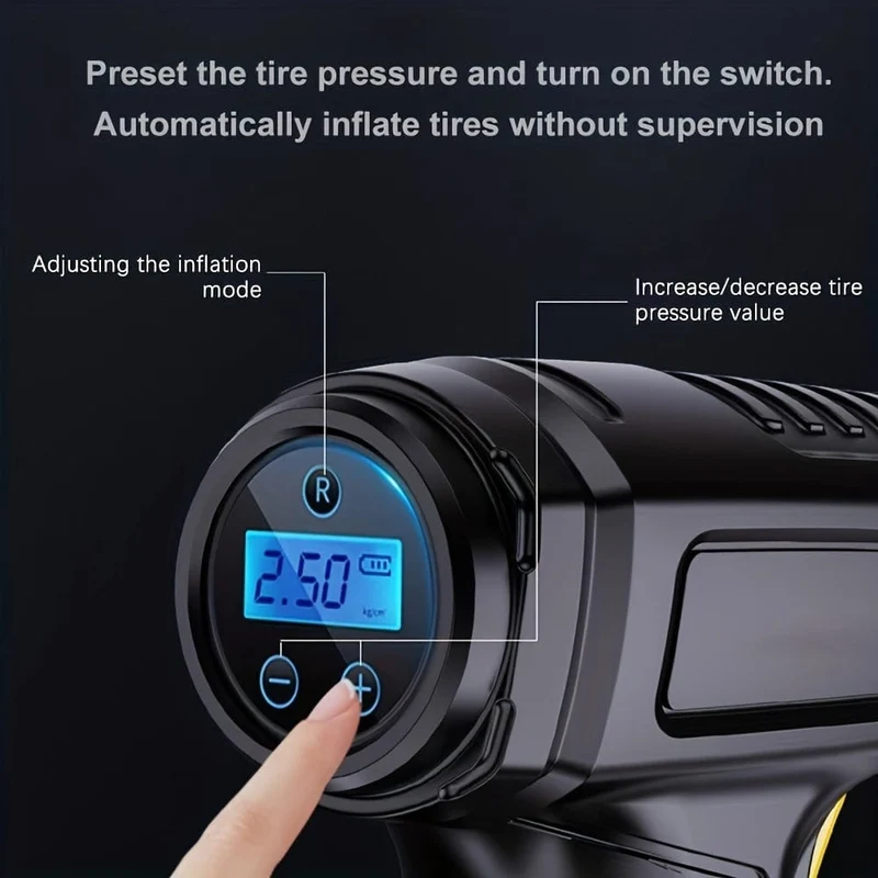 120 W tragbarer Auto-Luftkompressor, Auto-Luftpumpe, pumpen Sie Ihre Reifen ganz einfach auf, kabellose und kabelgebundene Fahrzeug-Handpumpe mit LED-Licht