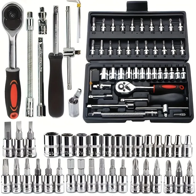46-teiliges Auto-Reparatur-Werkzeug-Set, 1/4-Zoll-Antriebs-Steckschlüssel-Ratschenschlüssel-Set, Kombi-Werkzeug-Set, Fahrrad-Auto-Reparatur-Werkzeug