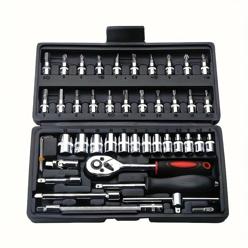 46-teiliges Auto-Reparatur-Werkzeug-Set, 1/4-Zoll-Antriebs-Steckschlüssel-Ratschenschlüssel-Set, Kombi-Werkzeug-Set, Fahrrad-Auto-Reparatur-Werkzeug