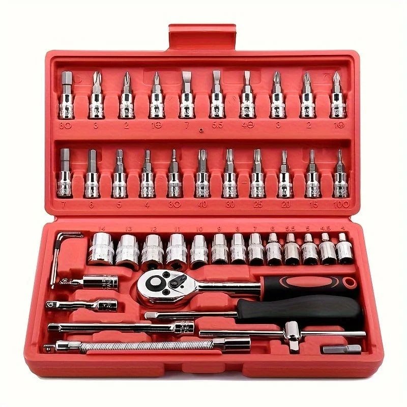 46-teiliges Auto-Reparatur-Werkzeug-Set, 1/4-Zoll-Antriebs-Steckschlüssel-Ratschenschlüssel-Set, Kombi-Werkzeug-Set, Fahrrad-Auto-Reparatur-Werkzeug