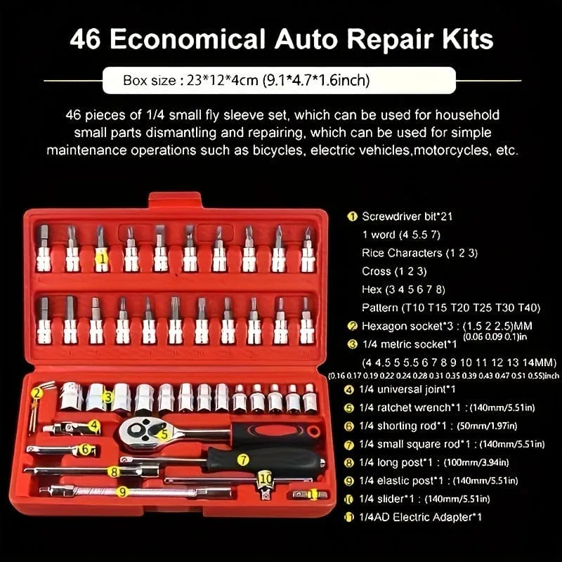 46-teiliges Auto-Reparatur-Werkzeug-Set, 1/4-Zoll-Antriebs-Steckschlüssel-Ratschenschlüssel-Set, Kombi-Werkzeug-Set, Fahrrad-Auto-Reparatur-Werkzeug