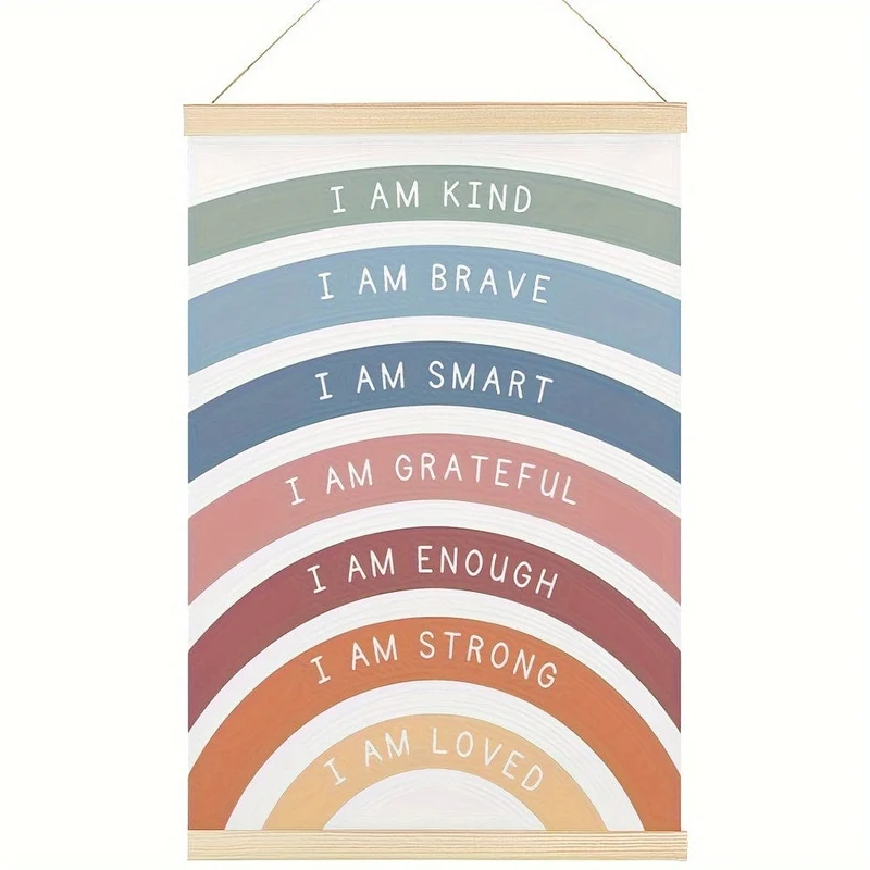 1 Stück Holz-Poster zum Aufhängen, Wanddekoration für Spielzimmer, Regenbogen-Affirmationsdruck, Boho-Klassenzimmerdekoration, Kinder-Affirmationsposter, Wanddekoration, Heimdekoration, Wandkunst, 16 x 24 cm