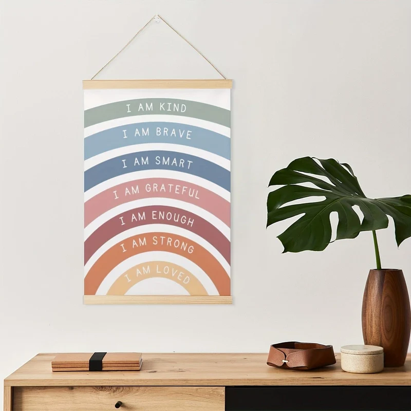 1 Stück Holz-Poster zum Aufhängen, Wanddekoration für Spielzimmer, Regenbogen-Affirmationsdruck, Boho-Klassenzimmerdekoration, Kinder-Affirmationsposter, Wanddekoration, Heimdekoration, Wandkunst, 16 x 24 cm