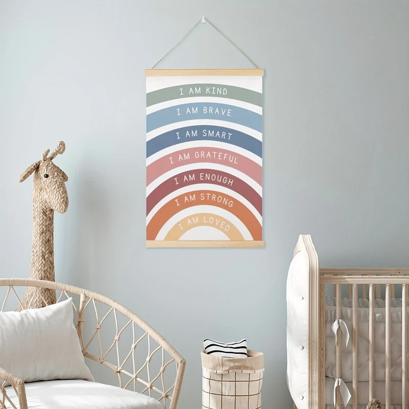 1 Stück Holz-Poster zum Aufhängen, Wanddekoration für Spielzimmer, Regenbogen-Affirmationsdruck, Boho-Klassenzimmerdekoration, Kinder-Affirmationsposter, Wanddekoration, Heimdekoration, Wandkunst, 16 x 24 cm