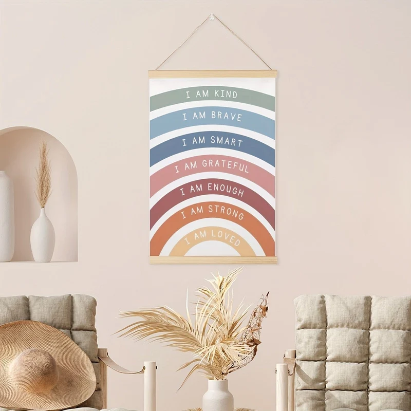 1 Stück Holz-Poster zum Aufhängen, Wanddekoration für Spielzimmer, Regenbogen-Affirmationsdruck, Boho-Klassenzimmerdekoration, Kinder-Affirmationsposter, Wanddekoration, Heimdekoration, Wandkunst, 16 x 24 cm