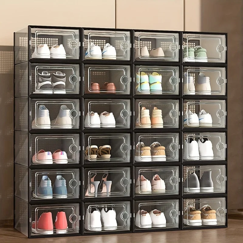 6 Stück transparente Schuhkartons mit Deckel, faltbares, stapelbares, frei kombinierbares Schuhregal, verdickter Sneaker-Behälter aus Kunststoff, platzsparender Aufbewahrungsorganisator für Eingangsbereich, Schlafzimmer, Zuhause, Wohnheim