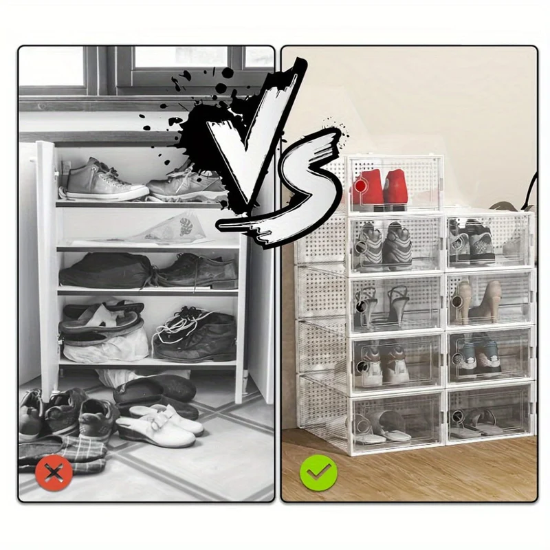 6 Stück transparente Schuhkartons mit Deckel, faltbares, stapelbares, frei kombinierbares Schuhregal, verdickter Sneaker-Behälter aus Kunststoff, platzsparender Aufbewahrungsorganisator für Eingangsbereich, Schlafzimmer, Zuhause, Wohnheim