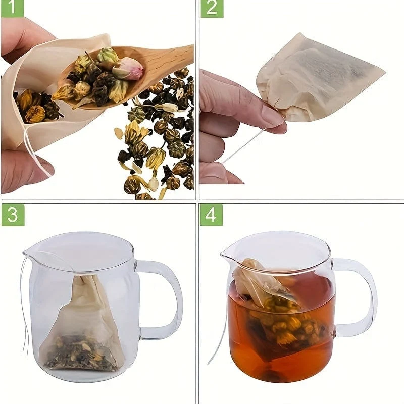 100 Stück Einweg-Teefilterbeutel für losen Tee, Holzzellstoff, biologisch abbaubar, kompostierbar, ungebleicht, leere Tee-Einweichbeutel mit Zugschnur, 100 Beutel (7.01 cm x 8.0 cm)