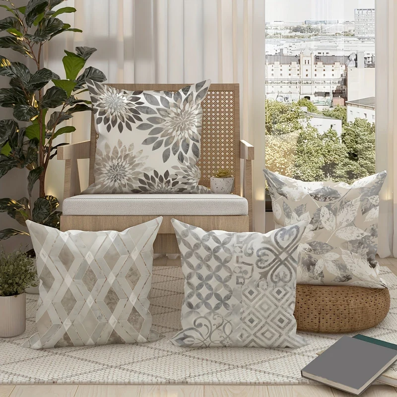 4 Stück, florale geometrische Blätter, botanische hellgraue Polyester-Kissenbezüge, moderne neutrale Kissenbezüge, dekorative Kissenbezüge 45 x 45 cm/18 "x 18" für Wohnzimmer, Schlafzimmer, Sofa, Bett, Dekoration