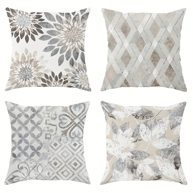 4 Stück, florale geometrische Blätter, botanische hellgraue Polyester-Kissenbezüge, moderne neutrale Kissenbezüge, dekorative Kissenbezüge 45 x 45 cm/18 "x 18" für Wohnzimmer, Schlafzimmer, Sofa, Bett, Dekoration