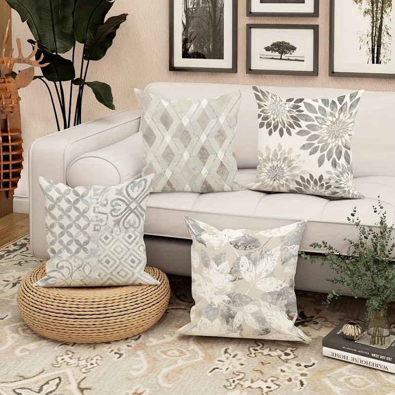 4 Stück, florale geometrische Blätter, botanische hellgraue Polyester-Kissenbezüge, moderne neutrale Kissenbezüge, dekorative Kissenbezüge 45 x 45 cm/18 "x 18" für Wohnzimmer, Schlafzimmer, Sofa, Bett, Dekoration