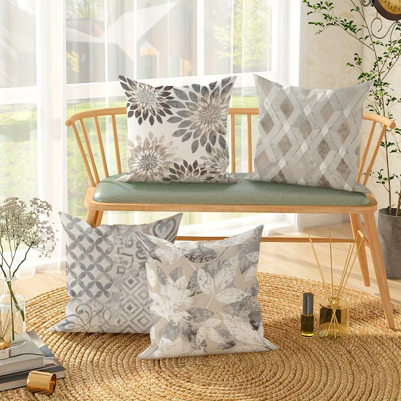 4 Stück, florale geometrische Blätter, botanische hellgraue Polyester-Kissenbezüge, moderne neutrale Kissenbezüge, dekorative Kissenbezüge 45 x 45 cm/18 "x 18" für Wohnzimmer, Schlafzimmer, Sofa, Bett, Dekoration