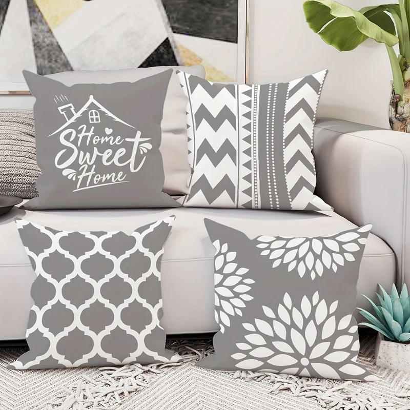 4 Stück, florale geometrische graue Polyester-Kissenbezüge, moderne abstrakte neutrale Kissenbezüge, dekorative Kissenbezüge 45 x 45 cm/18 "x 18" für Wohnzimmer, Schlafzimmer, Sofa, Bett, Dekoration