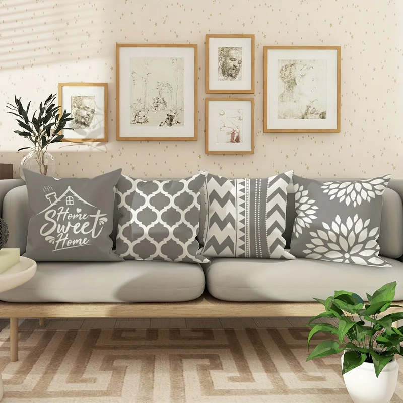 4 Stück, florale geometrische graue Polyester-Kissenbezüge, moderne abstrakte neutrale Kissenbezüge, dekorative Kissenbezüge 45 x 45 cm/18 "x 18" für Wohnzimmer, Schlafzimmer, Sofa, Bett, Dekoration