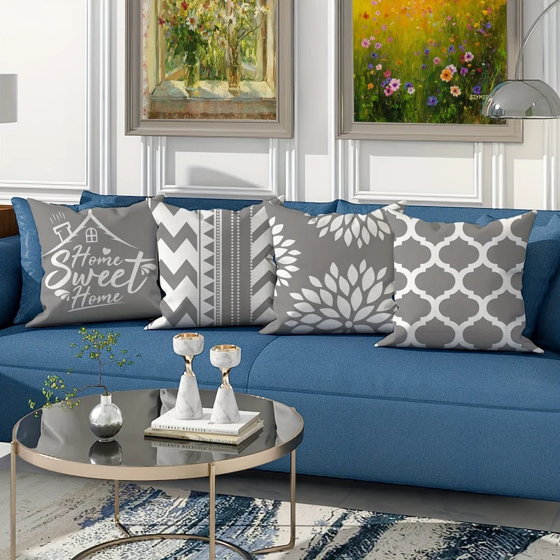 4 Stück, florale geometrische graue Polyester-Kissenbezüge, moderne abstrakte neutrale Kissenbezüge, dekorative Kissenbezüge 45 x 45 cm/18 "x 18" für Wohnzimmer, Schlafzimmer, Sofa, Bett, Dekoration