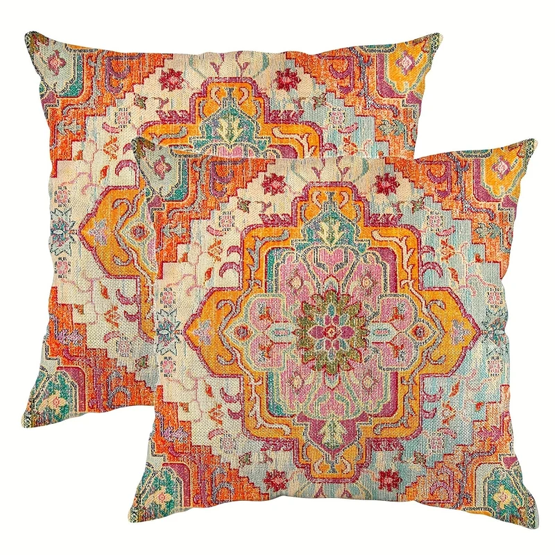 2 Stück Boho-Kissenbezug in Blau, Bohemian-Ethno-Stil, Teppichmuster, Kissenbezug für Sofa, Couch, Heimdekoration, 45.72 x 45.72 cm