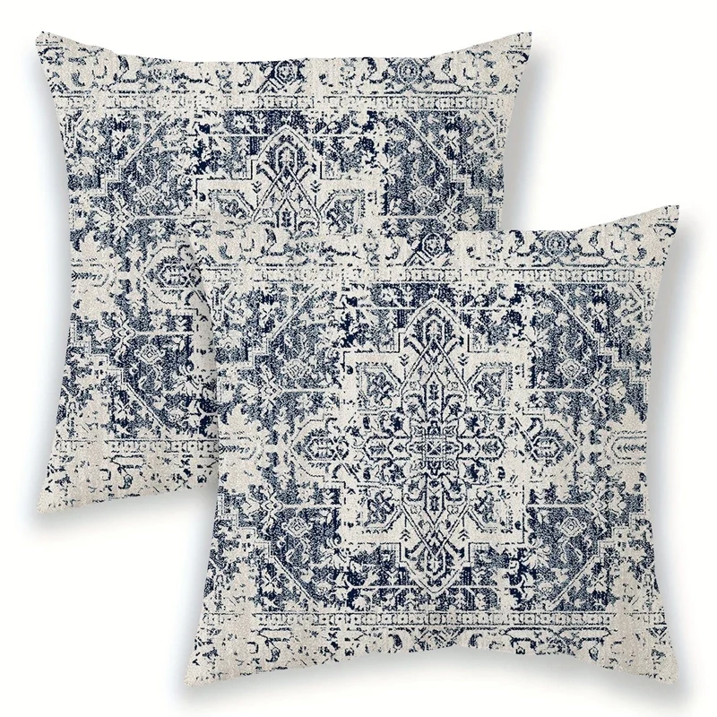 2 Stück Boho-Kissenbezug in Blau, Bohemian-Ethno-Stil, Teppichmuster, Kissenbezug für Sofa, Couch, Heimdekoration, 45.72 x 45.72 cm