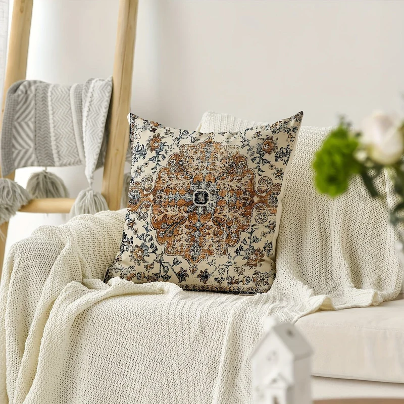 2 Stück Boho-Kissenbezug in Blau, Bohemian-Ethno-Stil, Teppichmuster, Kissenbezug für Sofa, Couch, Heimdekoration, 45.72 x 45.72 cm