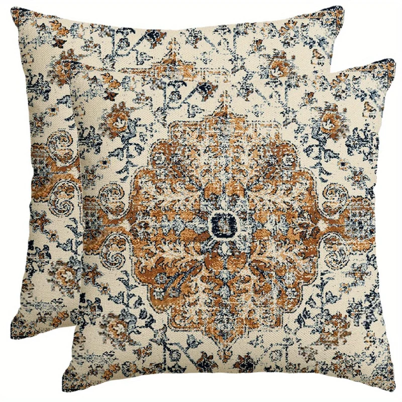2 Stück Boho-Kissenbezug in Blau, Bohemian-Ethno-Stil, Teppichmuster, Kissenbezug für Sofa, Couch, Heimdekoration, 45.72 x 45.72 cm