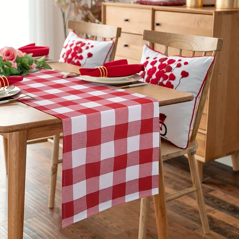 1 Stück roter und weißer Gingham-Tischläufer, 13 x 72 cm großer roter Büffelkaro-Tischdeckenläufer für rustikales Bauernhaus, patriotische Weihnachtshochzeit, Picknick, Camping, Party, Tischdekoration im Freien