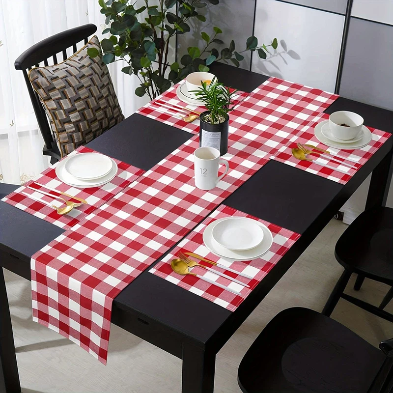 1 Stück roter und weißer Gingham-Tischläufer, 13 x 72 cm großer roter Büffelkaro-Tischdeckenläufer für rustikales Bauernhaus, patriotische Weihnachtshochzeit, Picknick, Camping, Party, Tischdekoration im Freien