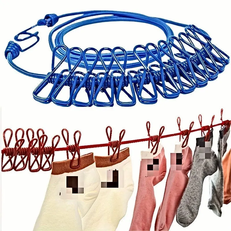 1 Stück tragbare Reise-Wäscheleine, einziehbare Camping-Wäscheleine, verstellbare Wäscheleine mit 12 Stück Clips, Trocknen von Kleidung für draußen und drinnen, Heimbedarf