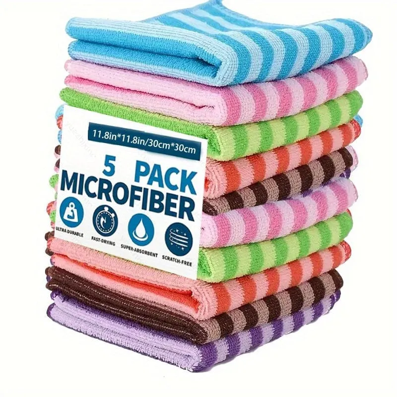 5/10 Stück, Geschirrtücher, gestreifte bedruckte Mikrofaser-Geschirrlappen, Scheuerschwämme, einfache Reinigungstücher, klassische zweifarbige Streifen, saugfähig, leicht zu waschen und zu waschen, zufällige Farben, Reinigungsmittel, Küchenbedarf