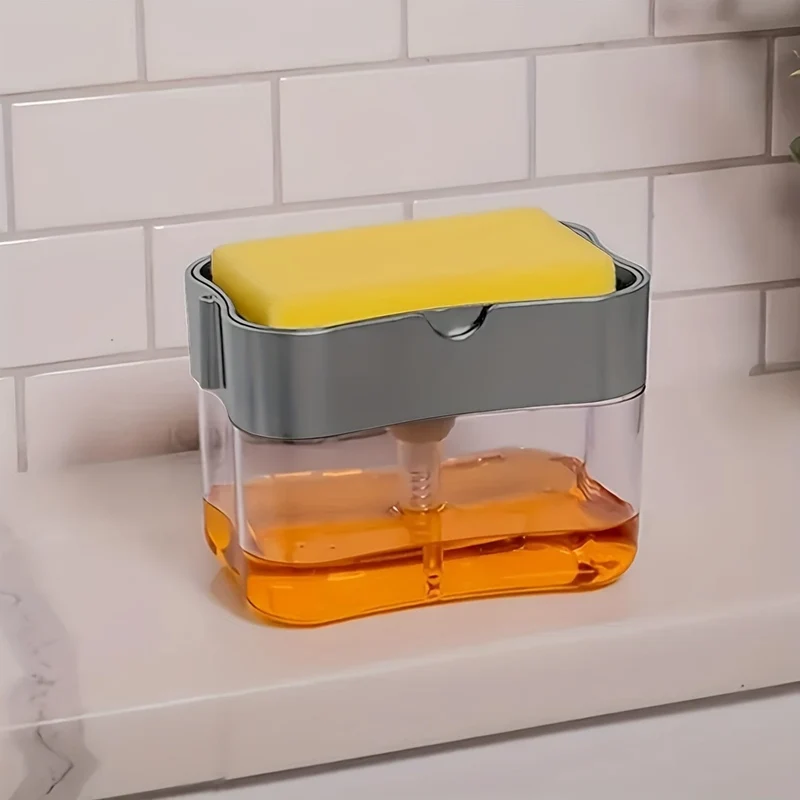 1 x Spülmittelspender mit Pumpe und Schwammhalter, silberfarben metallic, für Küchenspüle, ohne Schwamm, 4.5 x 2.5 x 0.7 cm, 0.37 kg