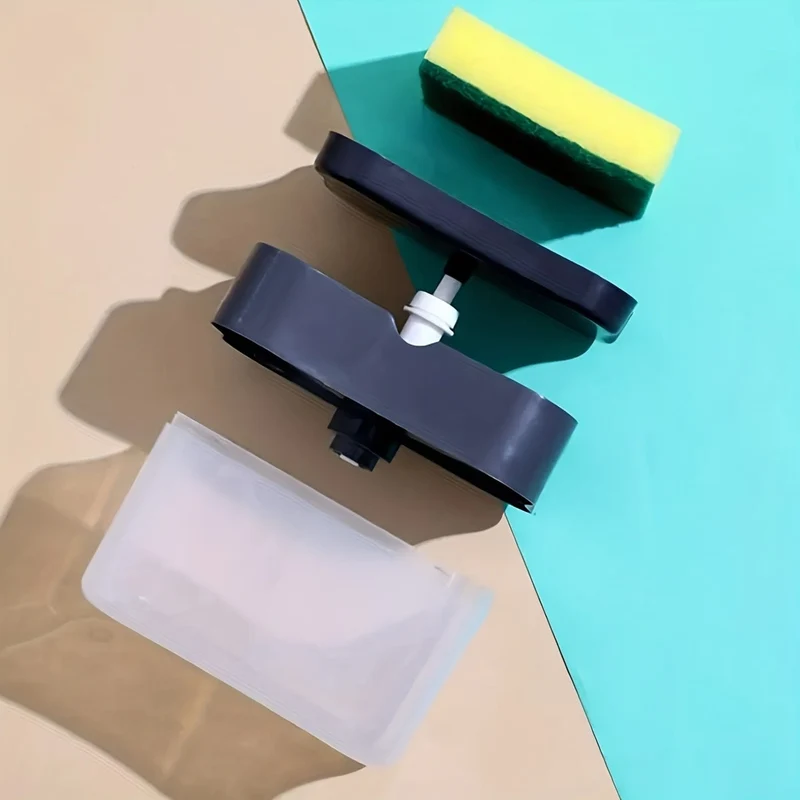 1 x Spülmittelspender mit Pumpe und Schwammhalter, silberfarben metallic, für Küchenspüle, ohne Schwamm, 4.5 x 2.5 x 0.7 cm, 0.37 kg