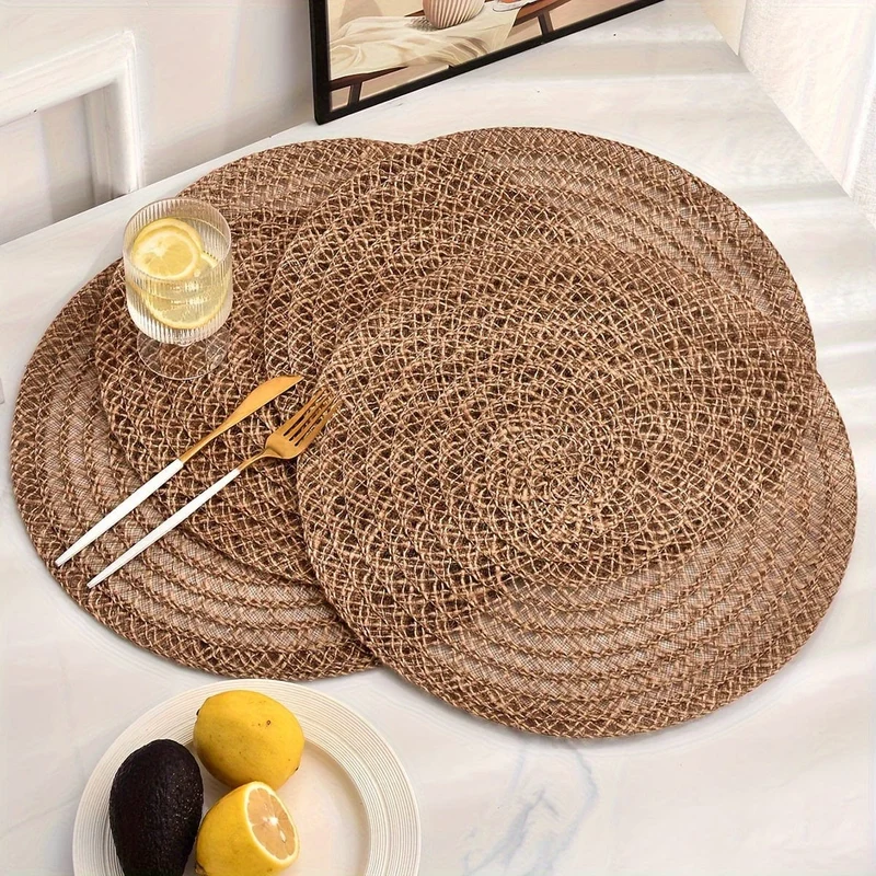 4-teiliges Tischset, rutschfestes, rundes, gewebtes nordisches Untersetzer-Pad, Tischset, Küchenzubehör, Tischset für Esstisch, Tischset im Boho-Stil mit geflochtenem Design für Esstisch und Weihnachtsfeier
